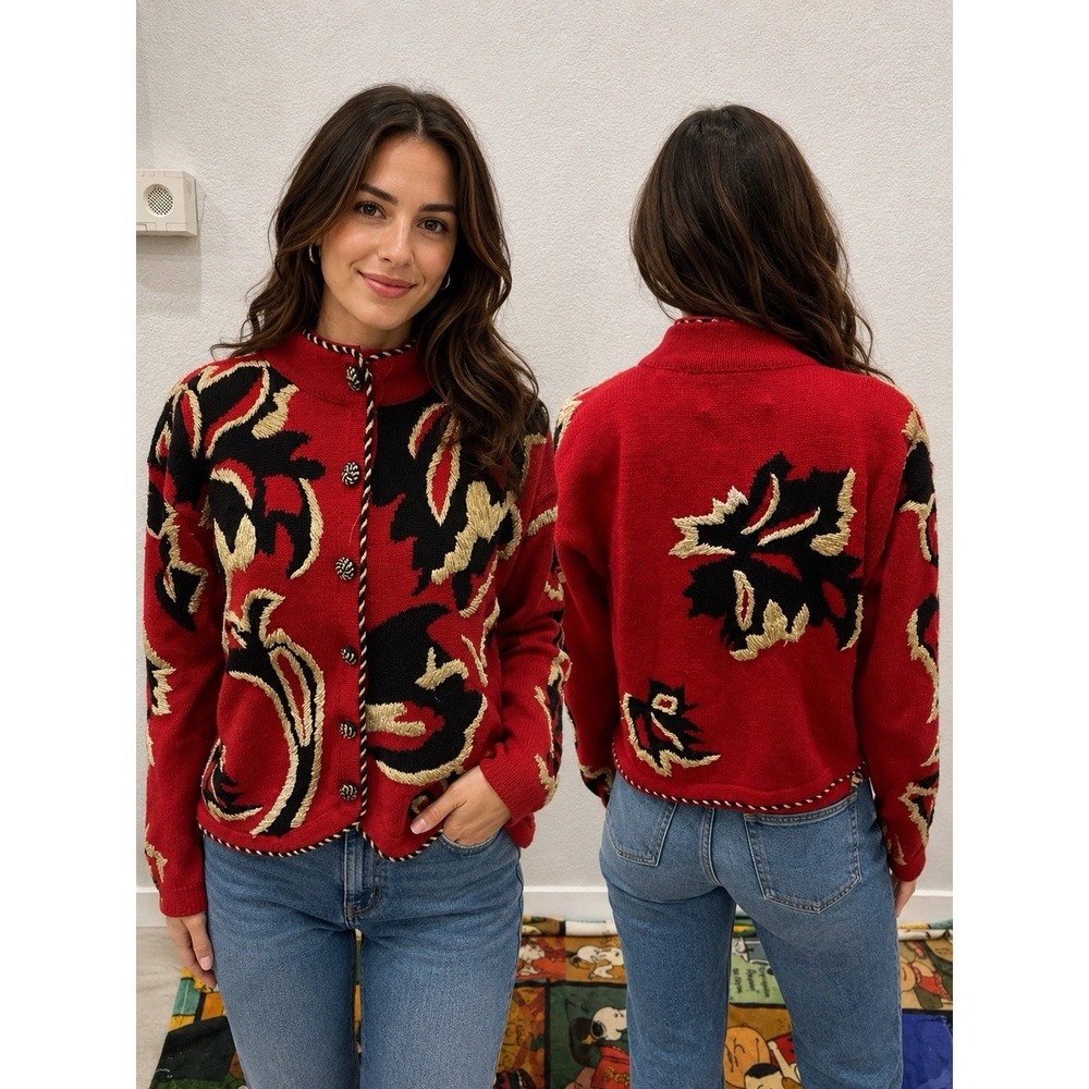 Vintage Marisa Christina Red Art Knit Cardigan Womens M Teachercore Boho
